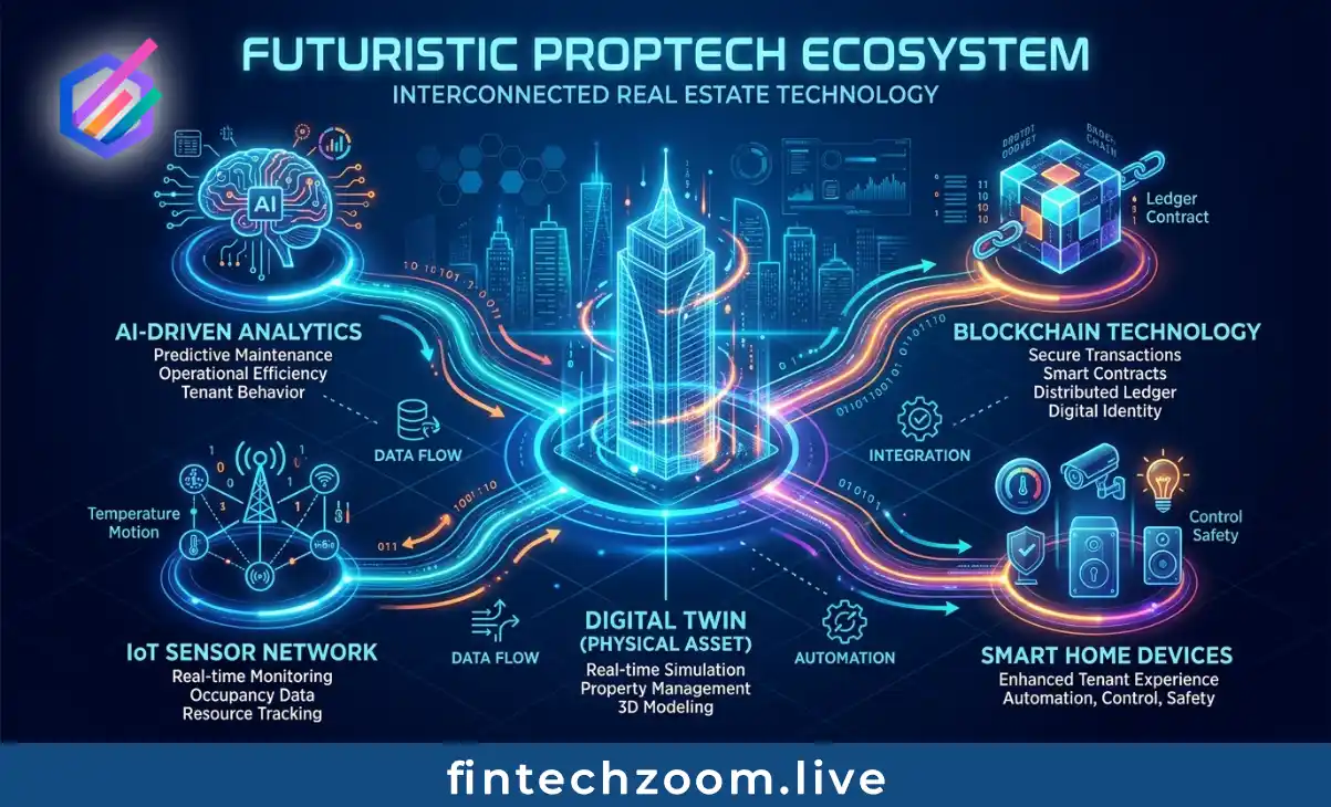 FintechZoom Real Estate PropTech ecosystem with AI, blockchain, and IoT technologies