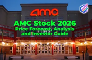 FintechZoom AMC stock analysis shown through movie theater entrance and financial chart overlay