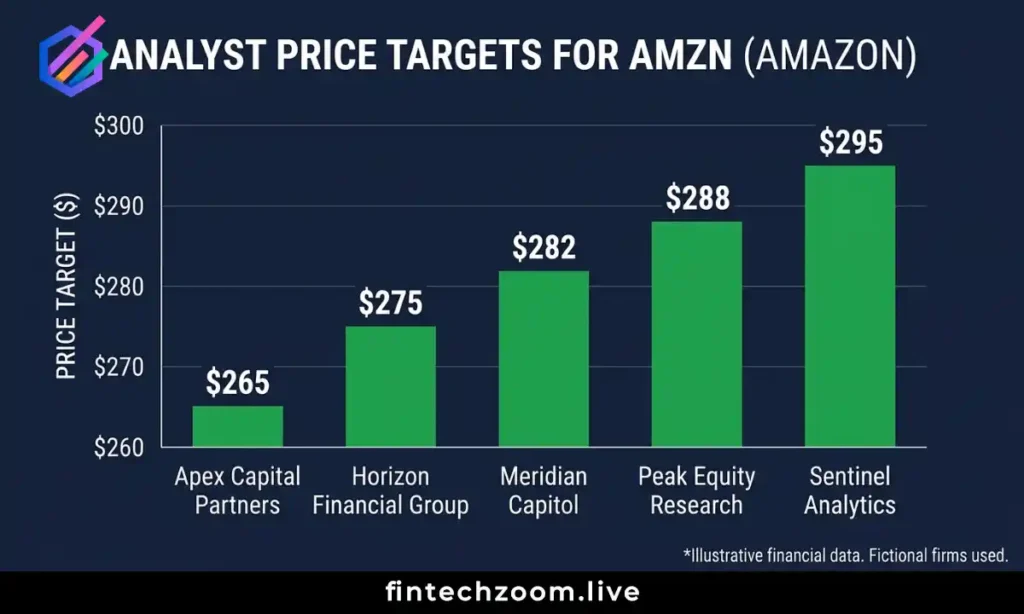 Wall Street analyst price targets for fintechzoom amazon stock ranging from $265 to $295 in 2026