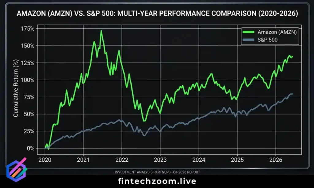 Fintechzoom Amazon Stock historical performance chart comparing AMZN returns to S&P 500 from 2020 to 2026