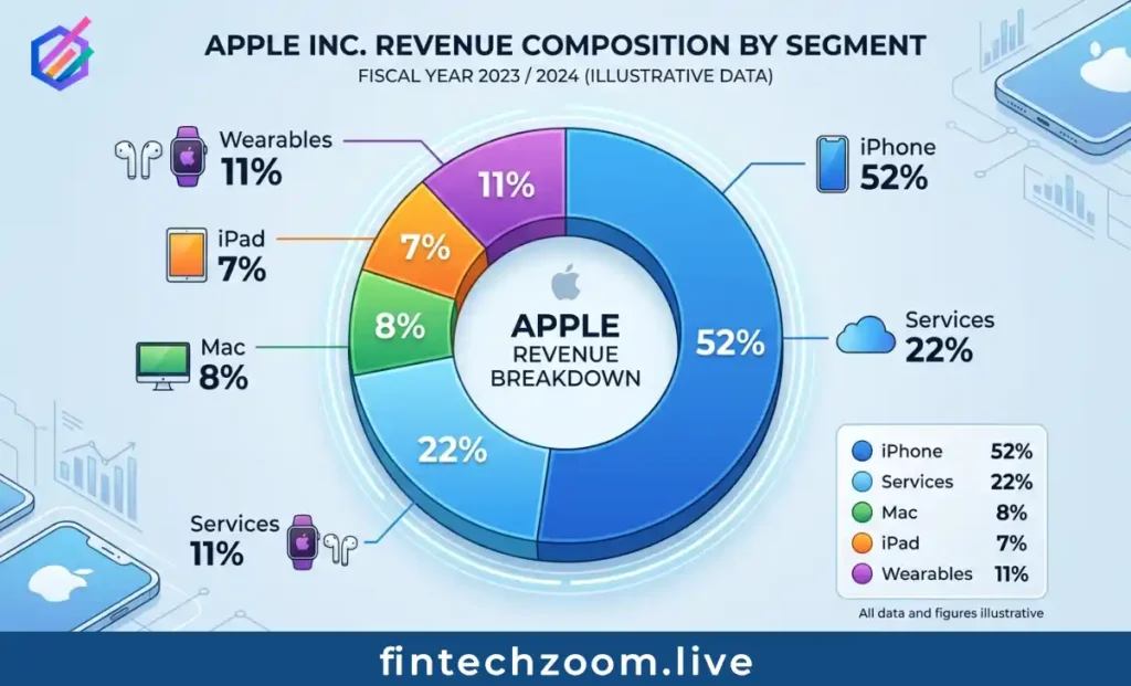 Apple revenue breakdown by product and services segment with percentage distribution chart