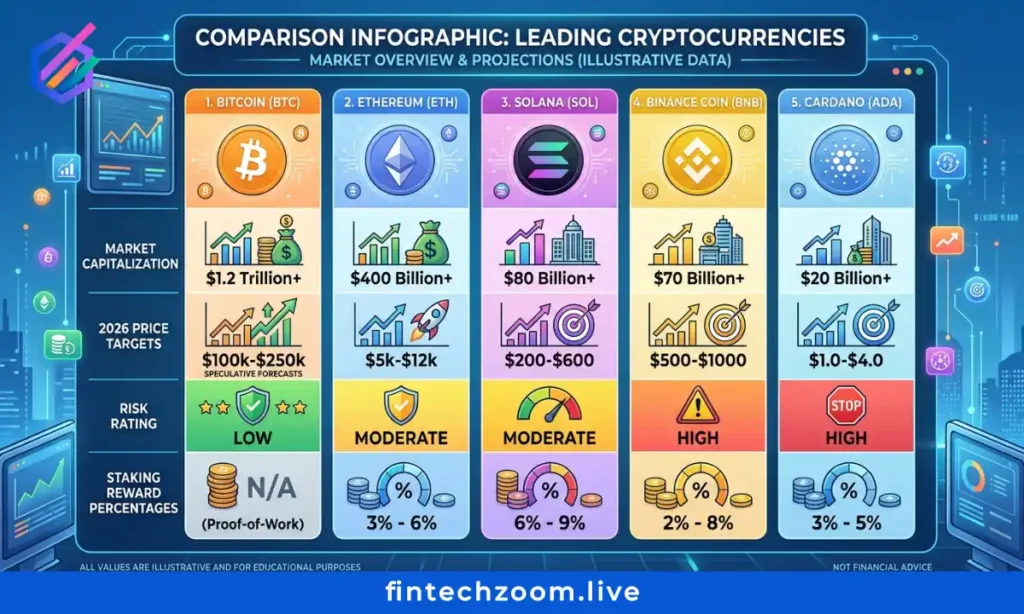 Best crypto to buy 2026 comparison table showing price targets, risk levels, and staking yields for Bitcoin Ethereum Solana Cardano and Polygon