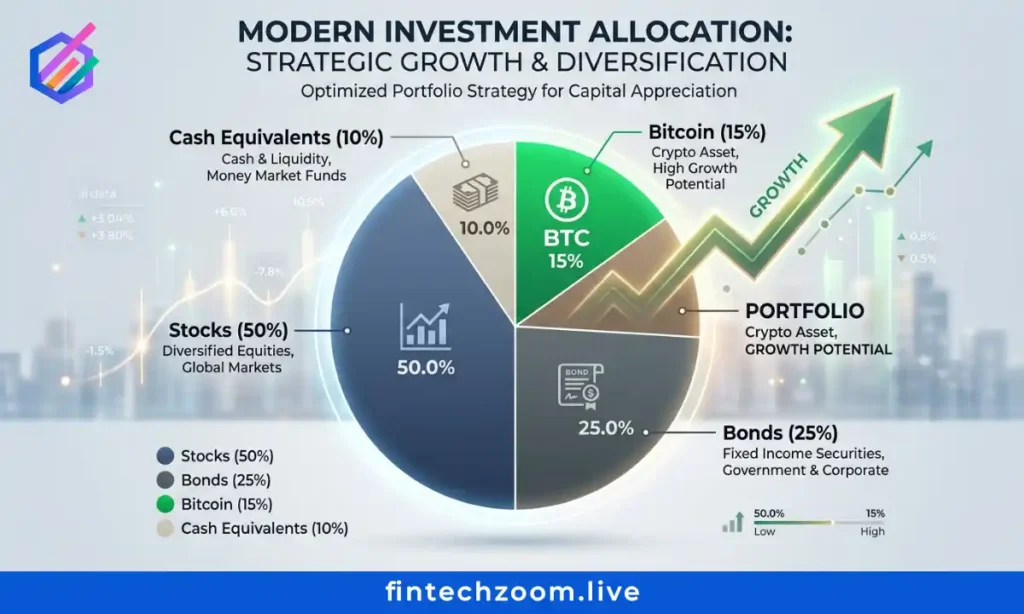 FintechZoom bitcoin stock price portfolio allocation pie chart showing Bitcoin percentage alongside traditional asset classes for a diversified 2026 strategy