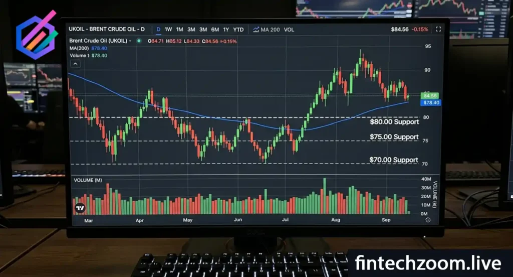 Brent crude oil price today shown on a daily candlestick chart with 200-day moving average and support levels