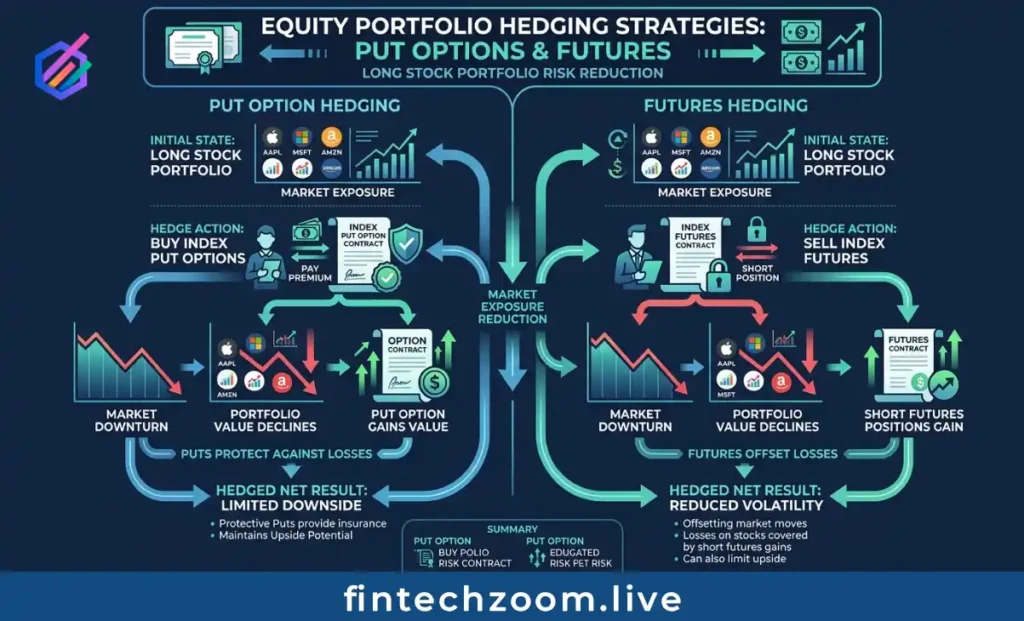 Hussman Funds hedging strategy diagram showing how put options and futures contracts protect equity portfolios from market declines.