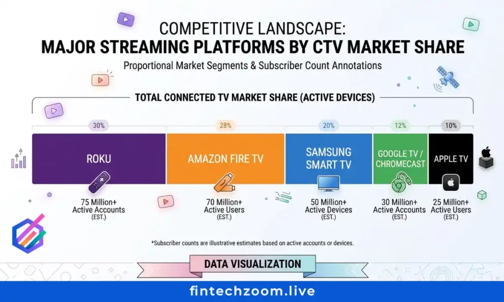 Connected TV platform market share comparison showing Roku position relative to Amazon Fire TV Apple TV and Samsung Smart TV in 2026
