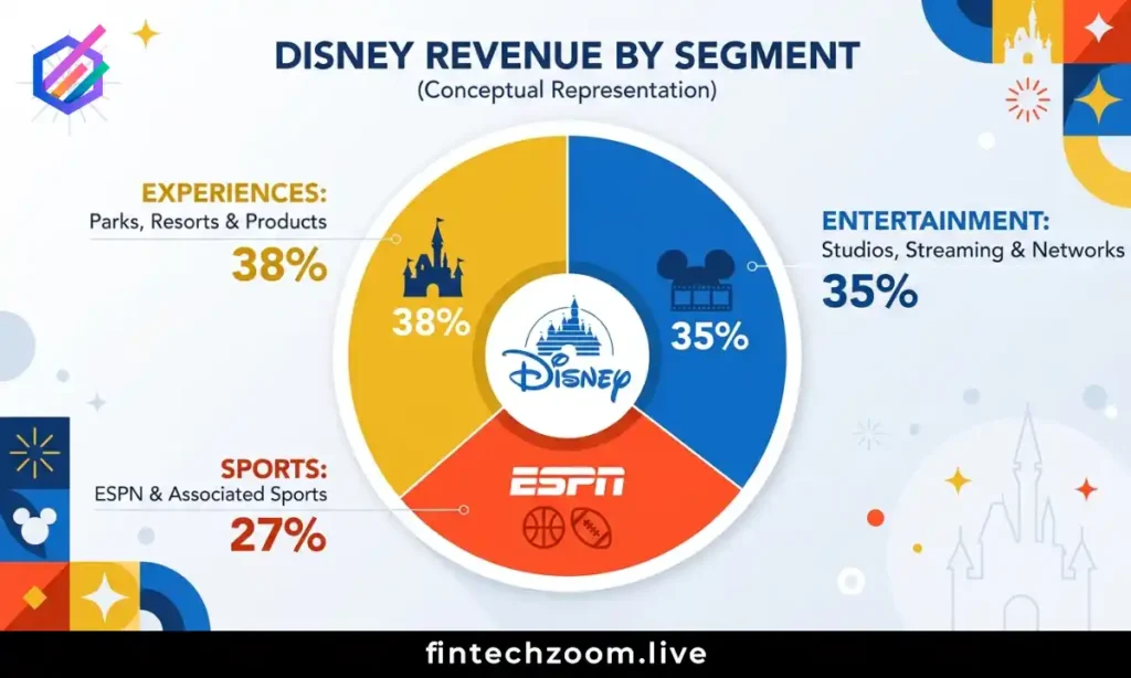 Disney revenue breakdown by business segment showing parks streaming and sports