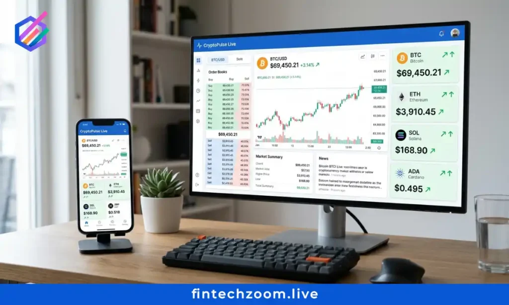 FintechZoom bitcoin stock price real-time tracking interface on mobile and desktop devices displaying live market data and portfolio overview