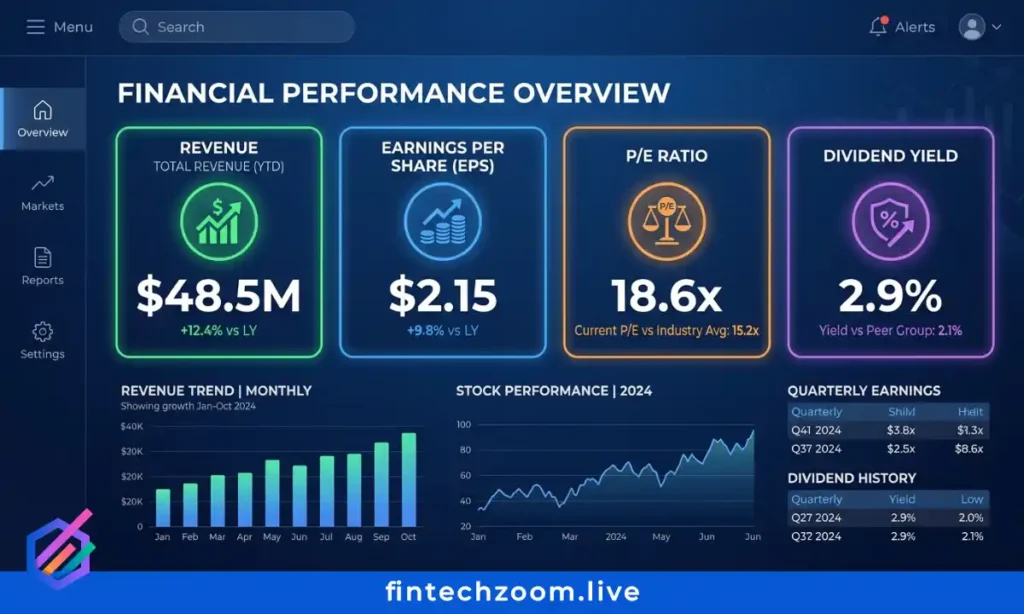 FintechZoom CRM stock financial metrics dashboard with revenue, earnings, and valuation data for 2026