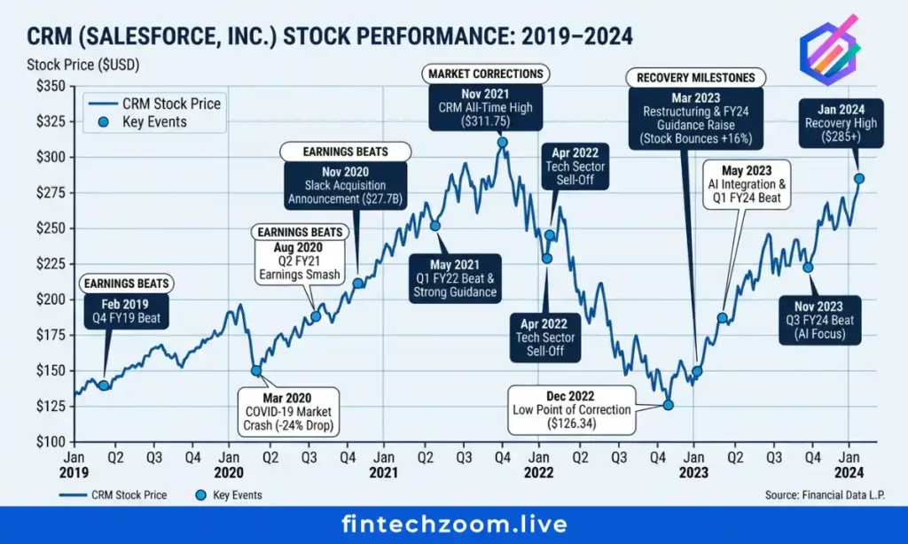 FintechZoom CRM stock five-year historical price performance chart with key events annotated