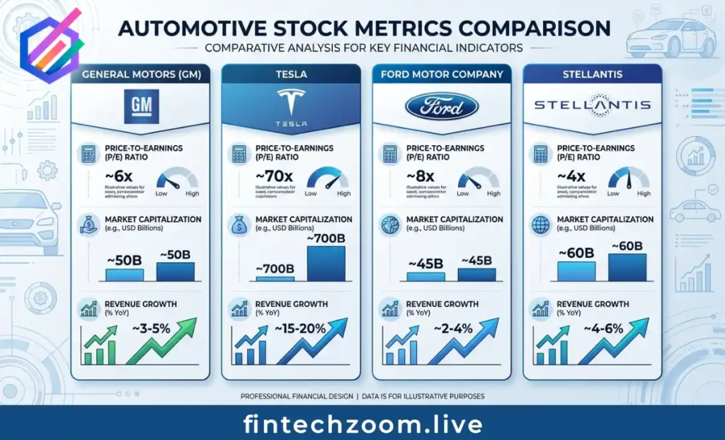 GM stock comparison table with Tesla Ford and Stellantis valuation metrics 2026