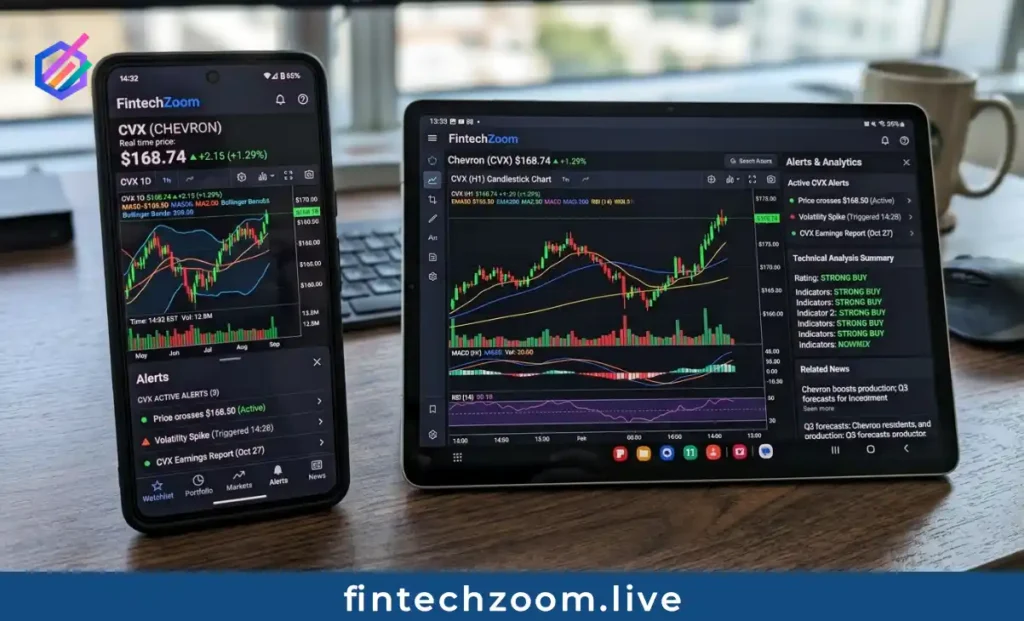 FintechZoom mobile app displaying Chevron CVX stock real-time price alerts and technical analysis
