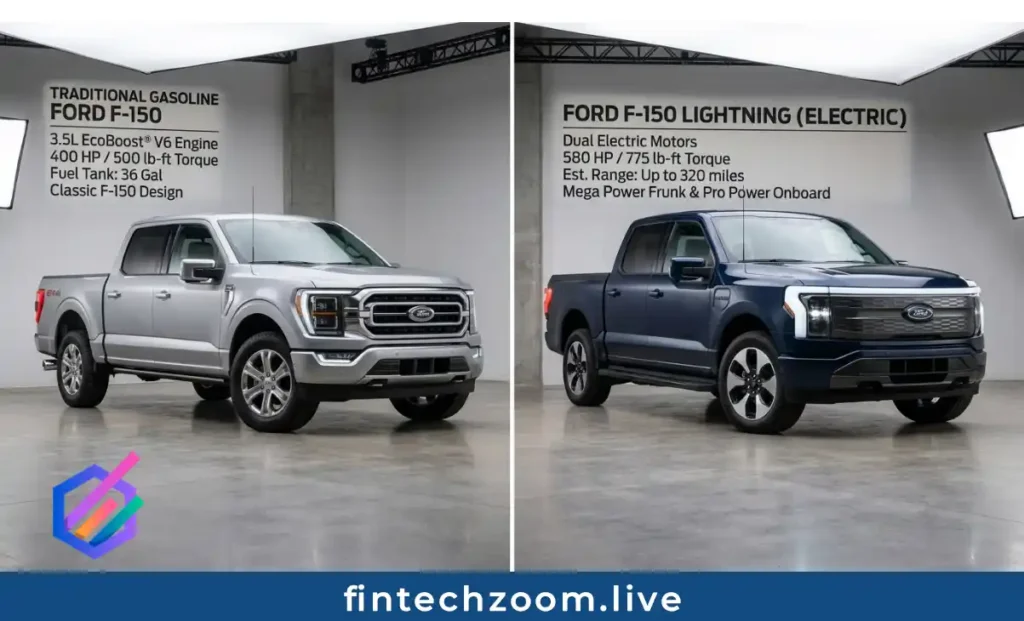 Ford F-150 gasoline versus F-150 Lightning electric truck comparison 2026. FintechZoom Ford Stock