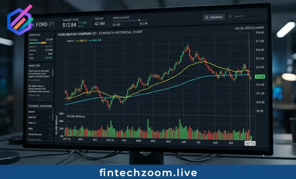 FintechZoom Ford Stock price candlestick chart with technical analysis indicators 2026