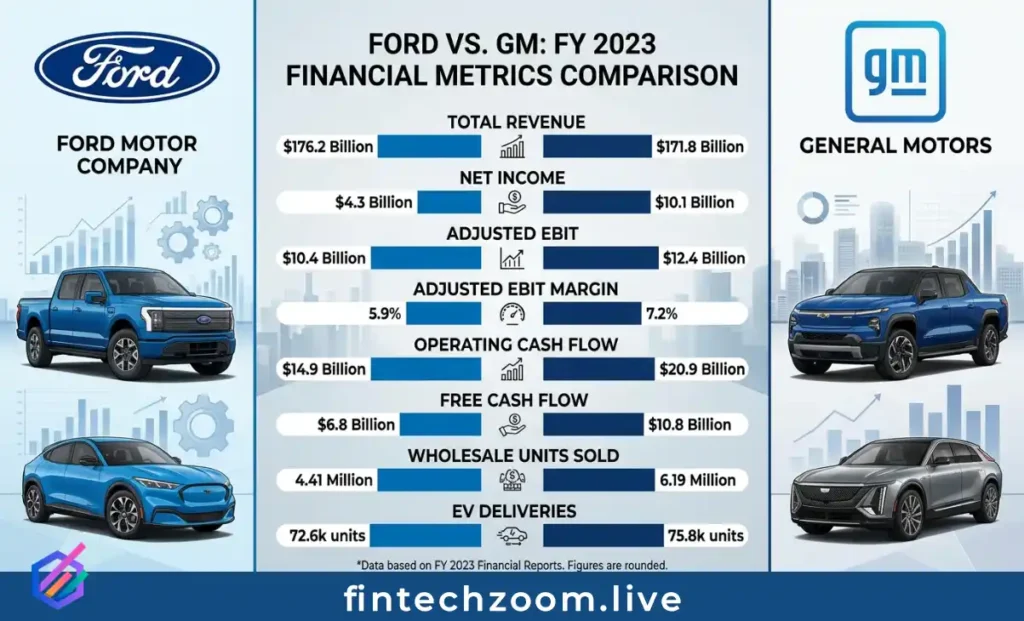 Ford versus General Motors stock comparison metrics infographic 2026. FintechZoom Ford Stock
