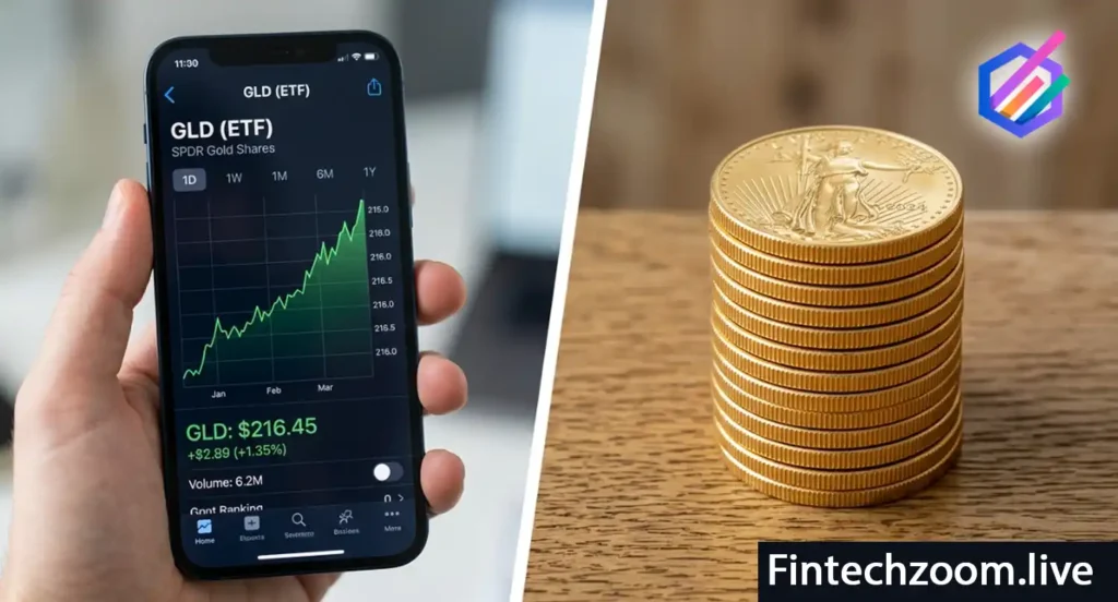 Gold ETF GLD on smartphone screen compared to physical gold American Eagle coins