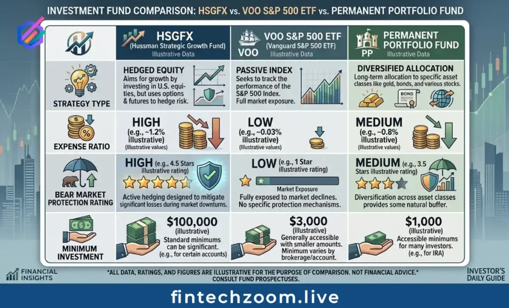Hussman Funds comparison table showing HSGFX fees, strategy, and bear market protection versus index fund and multi-asset alternatives.