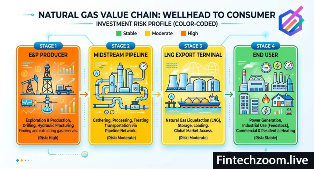 Natural gas stocks 2025 value chain diagram showing investment options from E&P producers to LNG exporters, midstream pipelines, and utilities