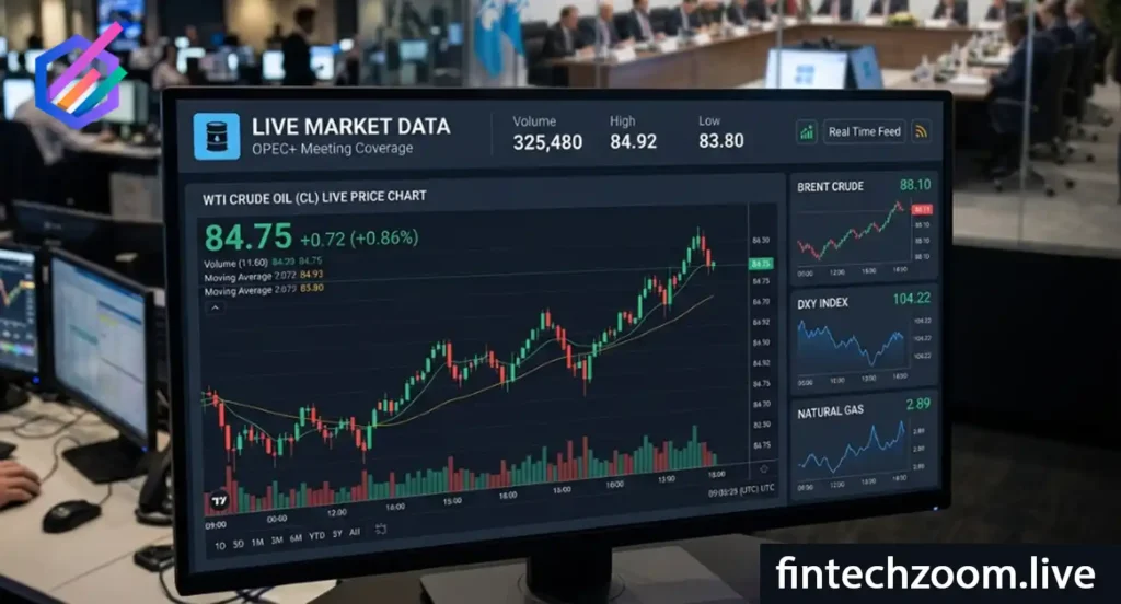 OPEC plus oil price decision dashboard showing crude oil price live chart and WTI data