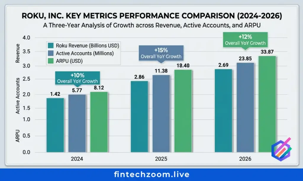 Roku stock performance case study chart showing revenue active account and ARPU growth projections from 2024 through 2026. fintechzoom roku stock