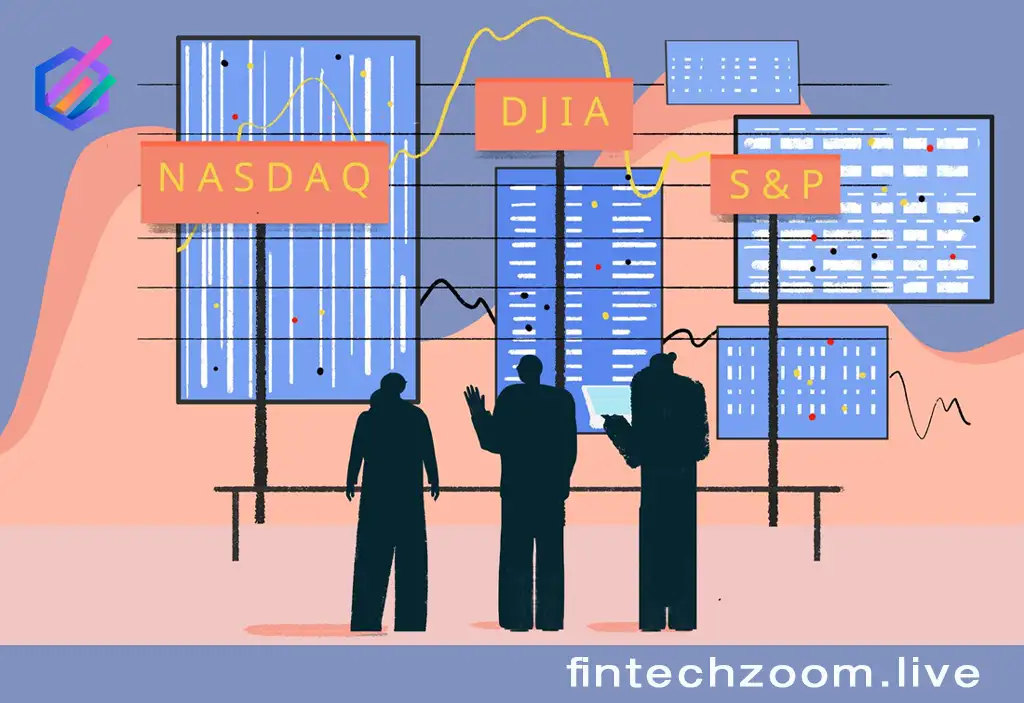 Infographic comparing Dow Jones, S&P 500, NASDAQ 100, Russell 2000, and NYSE Composite indices in the US stock market today