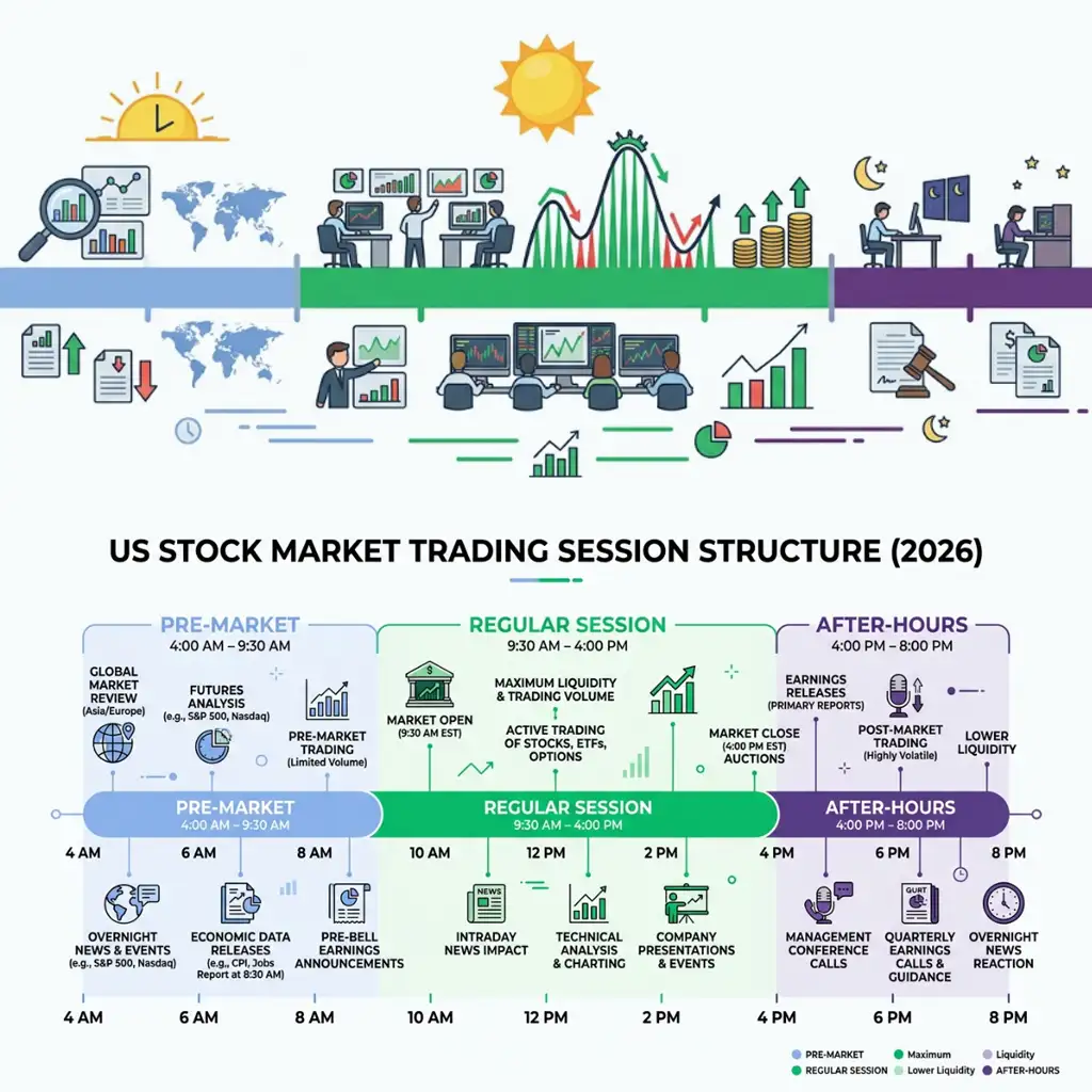 US stock market today 2026 trading session timeline showing pre-market, regular hours, and after-hours for NYSE and NASDAQ