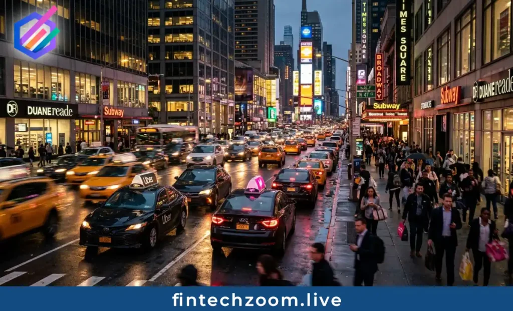 Fintechzoom Uber Stock mobility segment growth represented by urban ride-share vehicles on a busy city street at dusk
