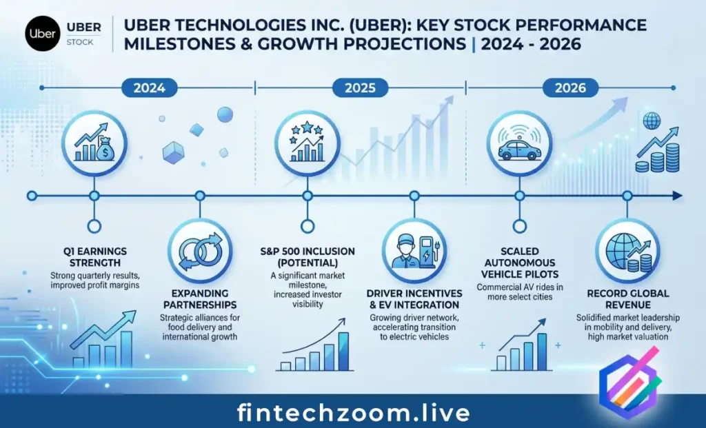 Fintechzoom Uber Stock performance timeline from 2024 to 2026 marking earnings beats, regulatory events, and the Waymo autonomous vehicle partnership announcement