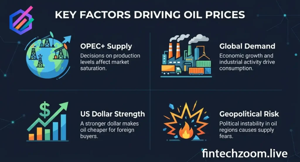 Four key drivers of brent crude oil price today including OPEC supply, global demand, the US dollar, and geopolitical risk