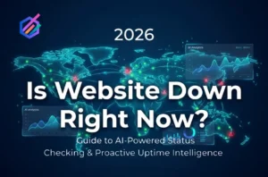 AI-powered website monitoring dashboard showing global uptime status and predictive analytics for 2026