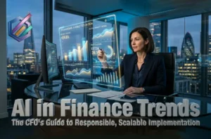 CFO reviewing AI finance analytics dashboard showing 2026 trends and implementation metrics