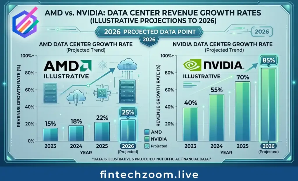 AMD Stock FintechZoom comparison chart showing AMD vs NVIDIA data center revenue growth 2026