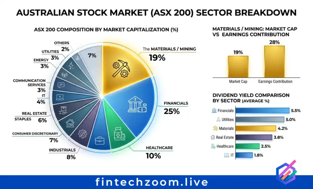 ASX 200 Today sector composition showing materials 19% market cap driving 28% of index