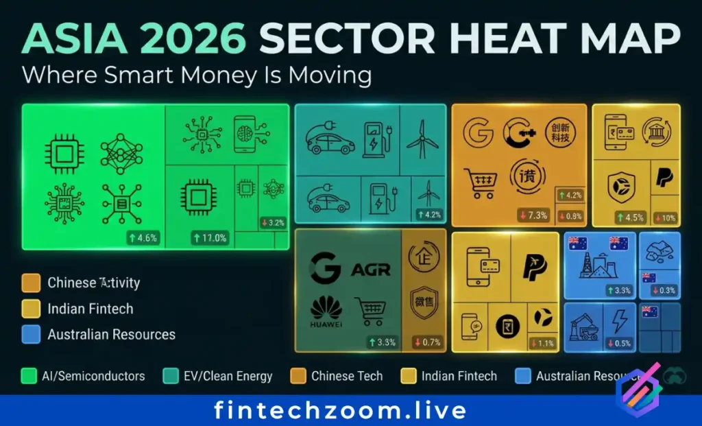 Asian stock markets 2026 sector heat map showing AI semiconductors EV and fintech performance