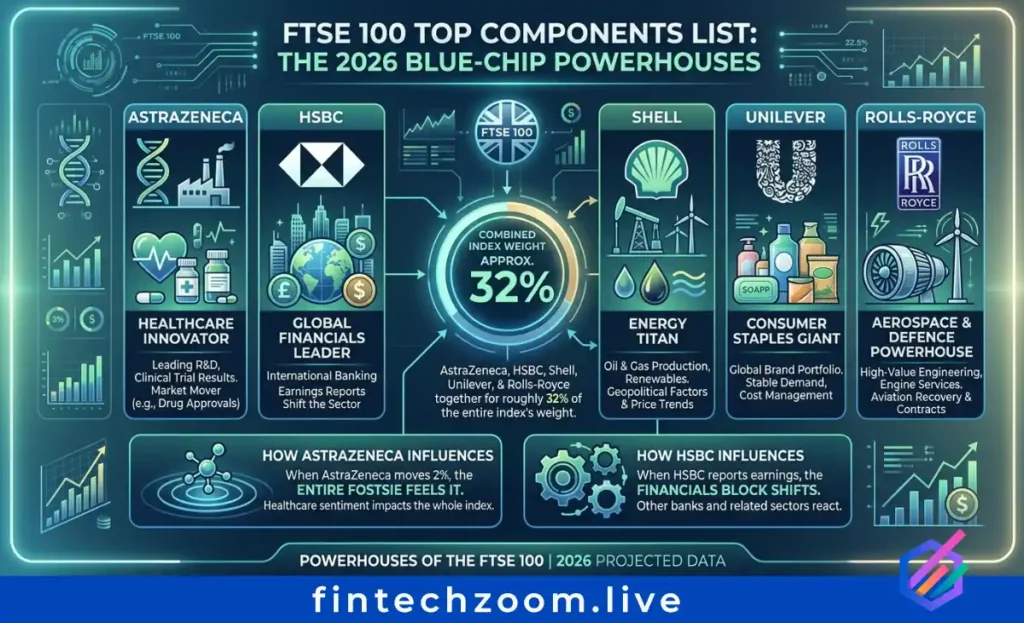 FTSE 100 Today top 10 components by market cap 2026 including AstraZeneca HSBC Shell Unilever