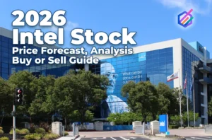FintechZoom Intel stock INTC price chart showing 2026 candlestick data and volume analysis