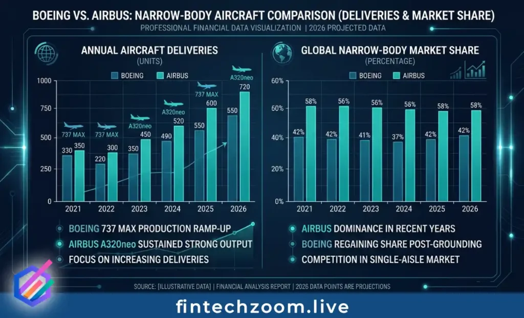 Boeing versus Airbus delivery and market share comparison chart for 2026