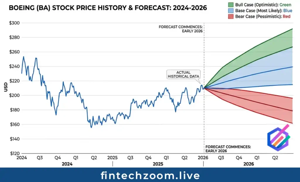 Boeing BA stock price target ranges showing bull base and bear forecast scenarios for 2026