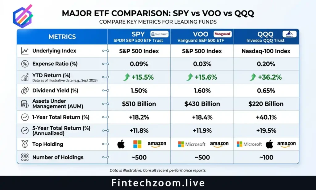 SPY versus VOO versus QQQ ETF comparison table 2026