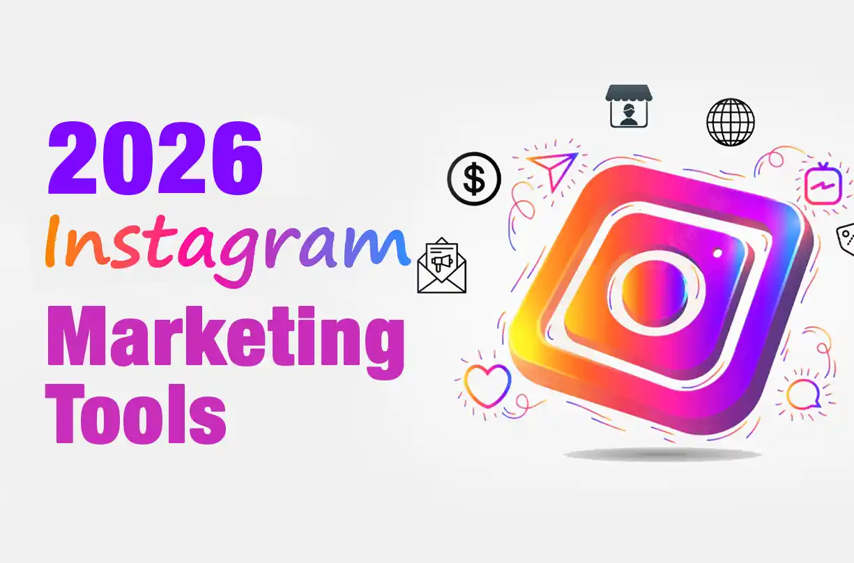 Instagram marketing tools 2026 workspace with analytics dashboards and content creation software