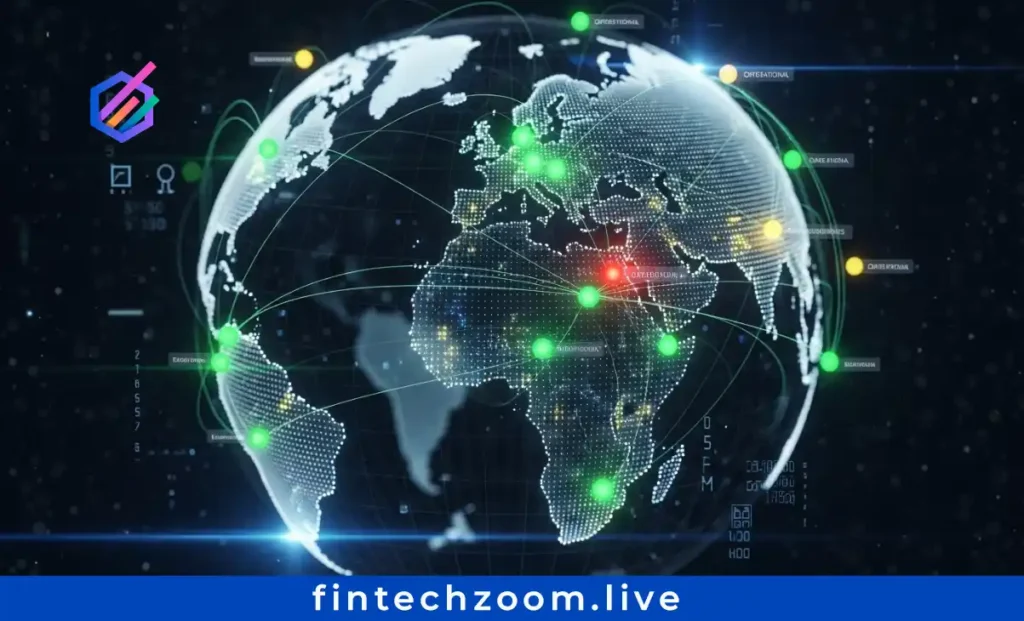 Multi-region website monitoring network showing global status verification from 30+ locations