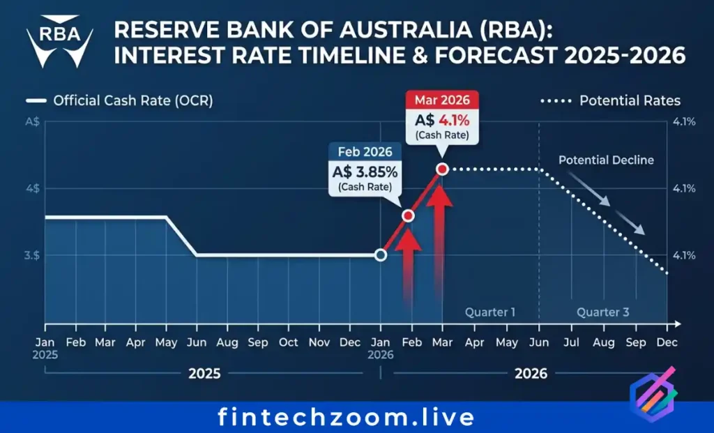 ASX 200 Today | RBA interest rate timeline showing March 2026 hike to 4.1% and forecast path for ASX 2026 impact
