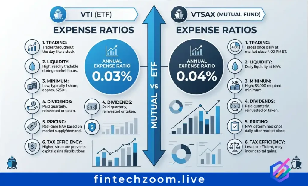 Comparison of VTI ETF versus VTSAX mutual fund expense ratios and minimum investments