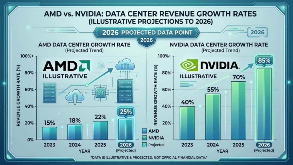 AMD Stock FintechZoom comparison chart showing AMD vs NVIDIA data center revenue growth 2026