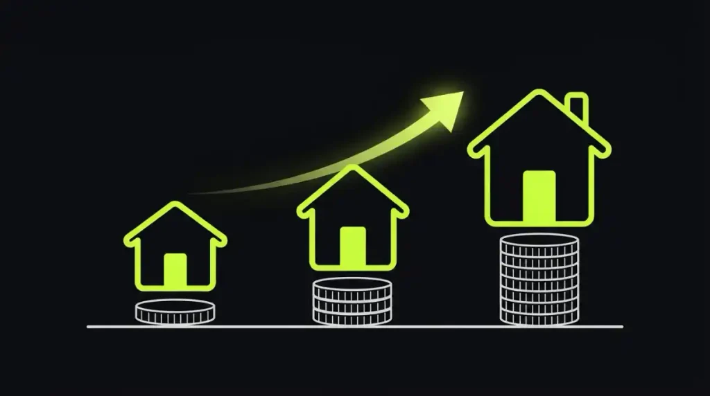 Three houses growing in size showing that a $1,400 monthly payment buys about $172,300 with 3.5% down, $182,600 with 10% down and $211,200 with 20% down at 6.95%